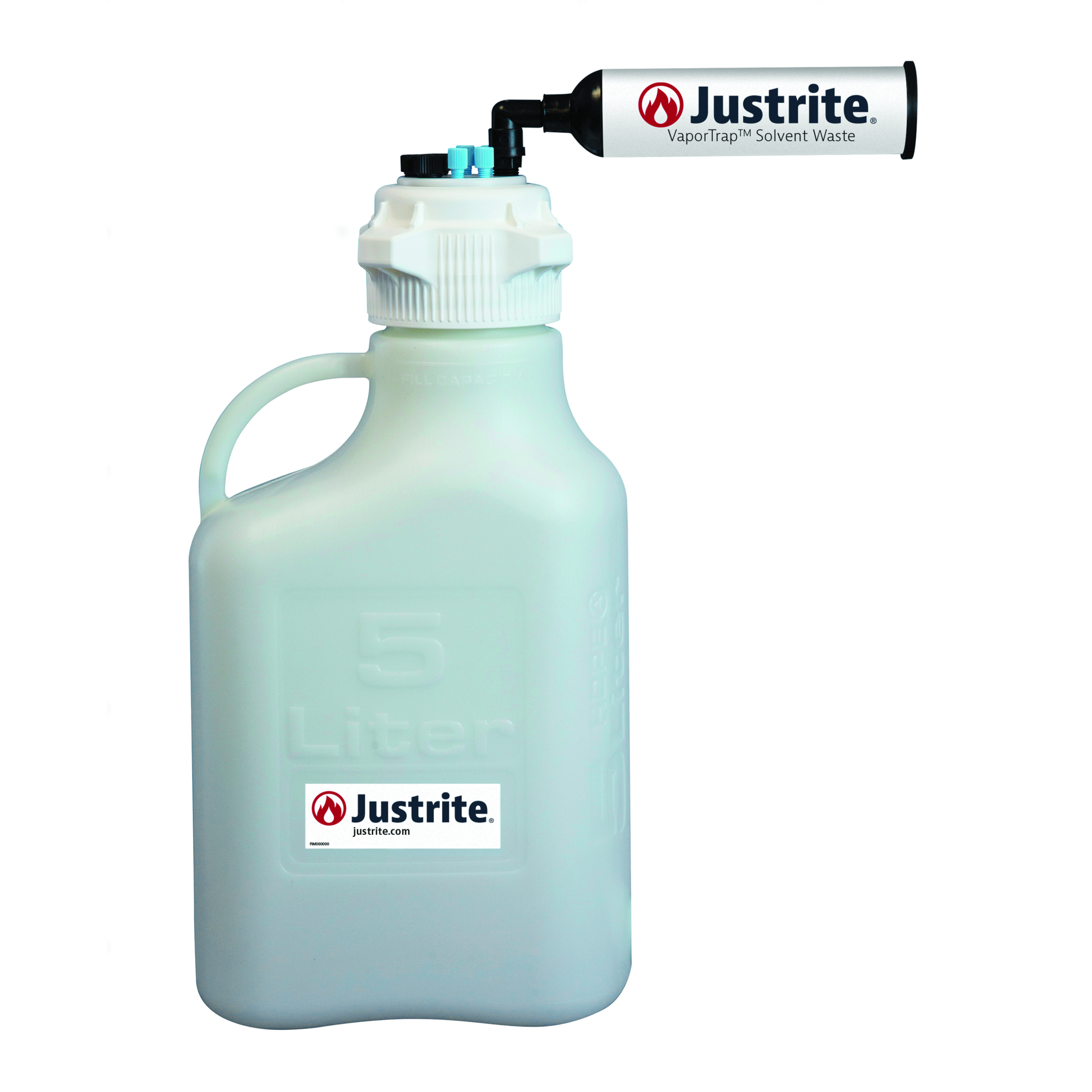 Justrite HDPE Carboy with Filter Kit — 5 Liters, 83mm Cap, VaporTrap, 4 Ports 1/8in. Tubing, 3 Ports 1/4in. Tubing, Model# 12811